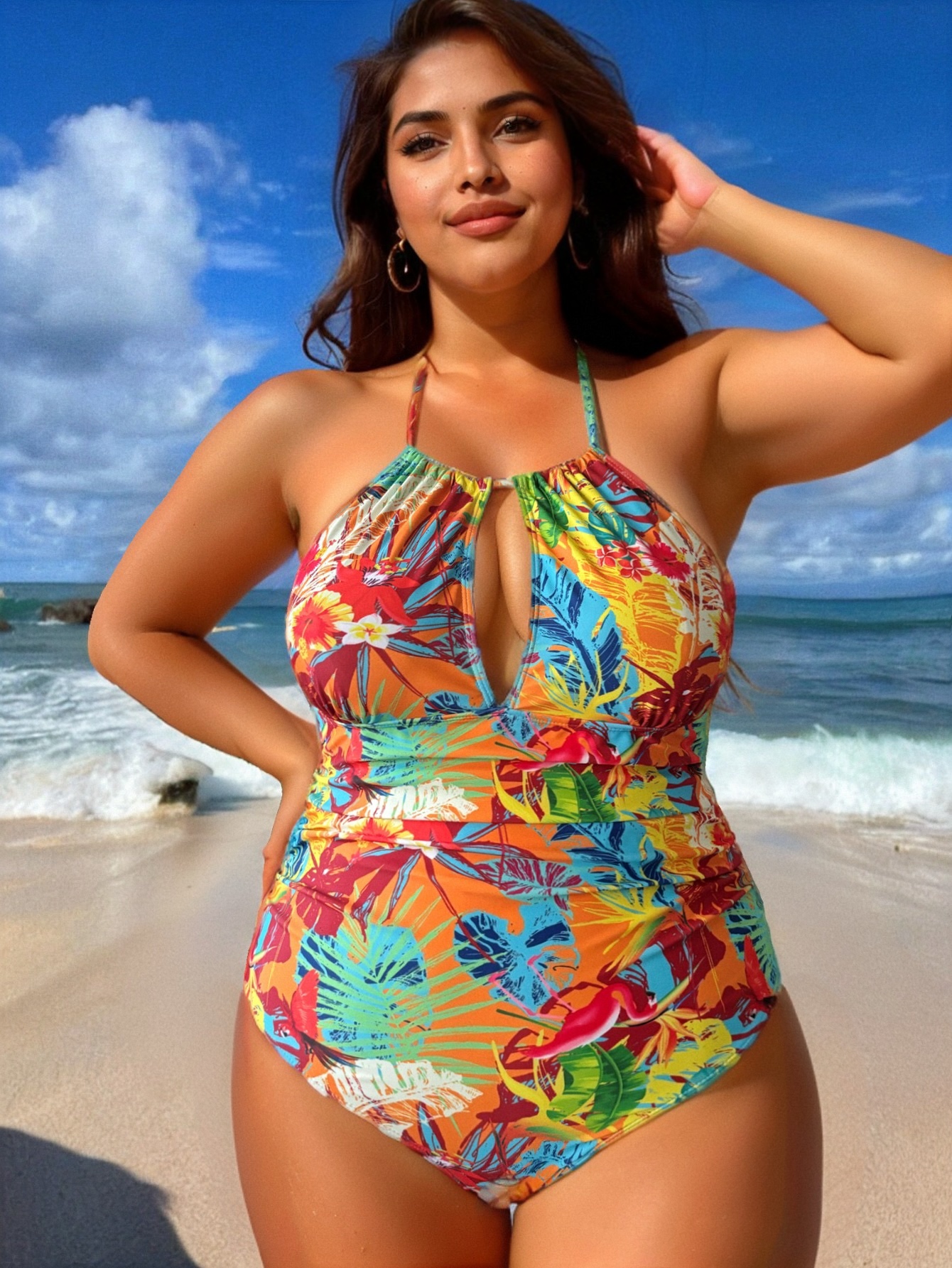 Plus Size Elegant Women's One-Piece Swimsuit with Colorful Floral Print, Halter Neck Backless Design,Women's Tummy Control Swimwear