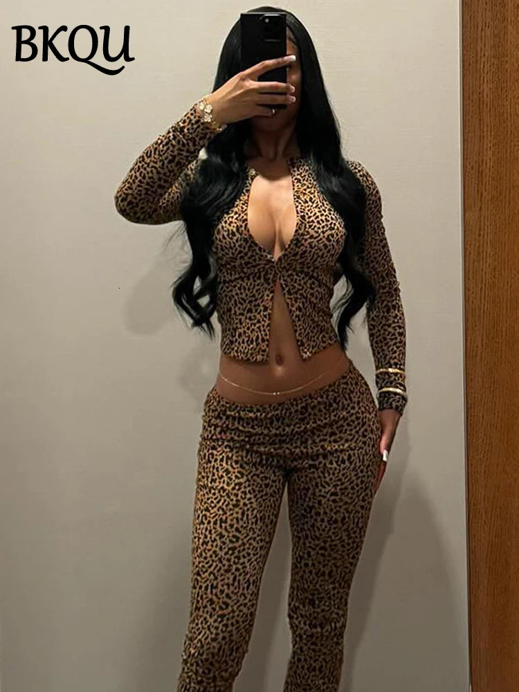 BKQU Leopard Print 2 Piece Set Women Long-Sleeved Button Crop Top High Waist Leggings Stretch Sexy Midnight Club Matching Suits 250117