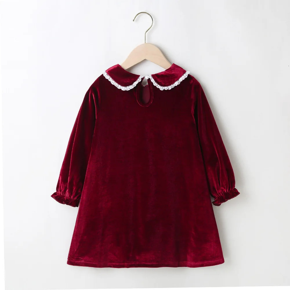 Autumn Winter Dress Long Sleeve Peter Pan Collar Lace Velvet Green Black Cute Sweet Baby Girls Dress Vestidos 2-6T 250120