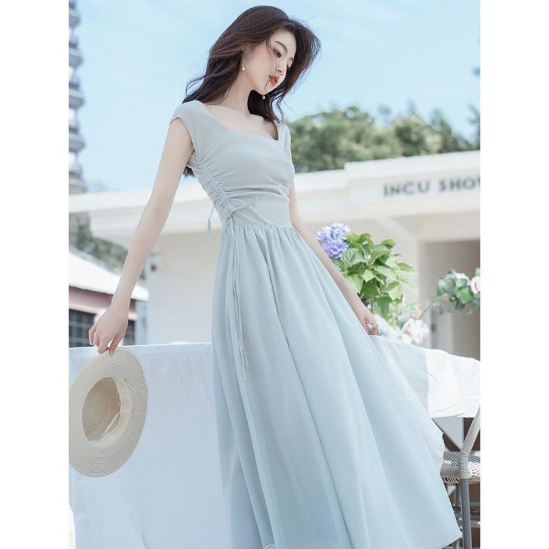 L3260 Retro minimalist style women's square collar French dress long high waist slim skirt female summer long skirt summer