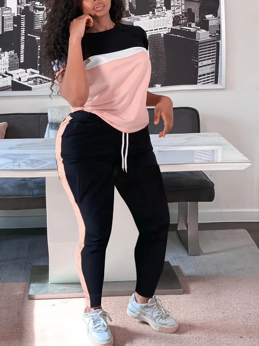LW Womens Plus Size Colorblock Drawstring Pants Set Casual Short Sleeve Tshirt Pocket Jogger Two Piece Women 250122