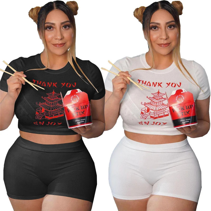 Summer plus size womens clothing twopiece wholesale tight fitting set Oneck Tshirt and shorts direct 250122