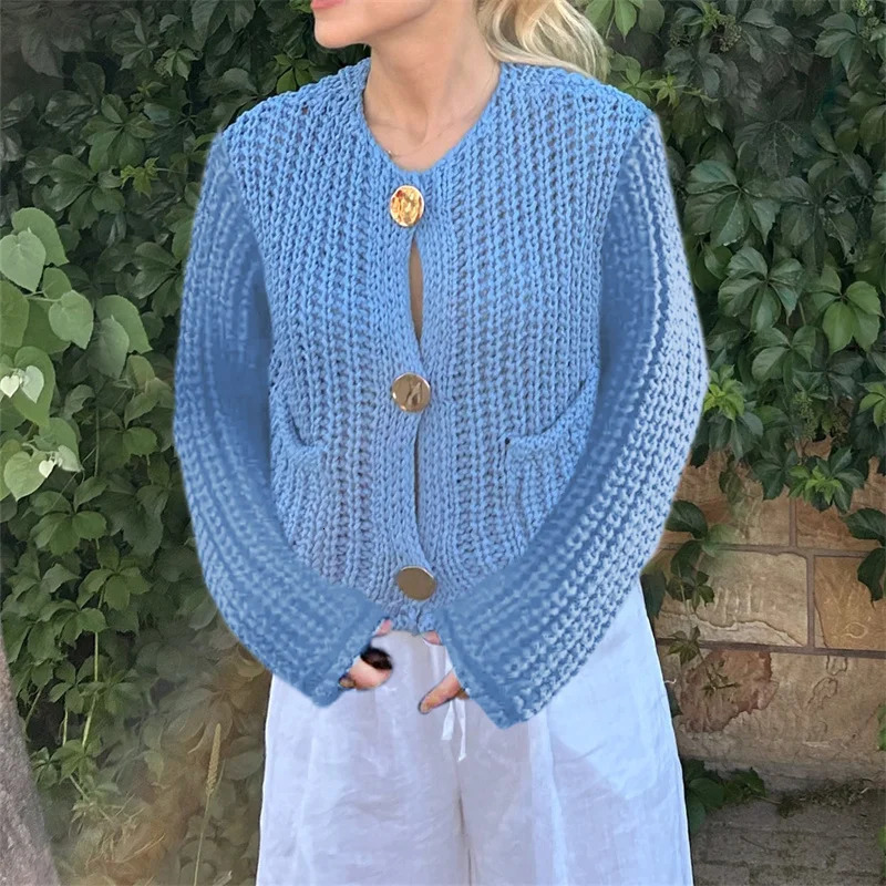 women Knitted Cardigan Sweater Casual Button ONeck Long Sleeve Female 2024 Fashion Solid Loose Lady Cardigans 250109Z