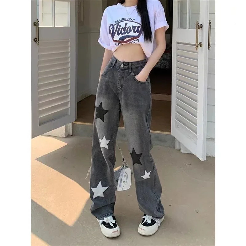 Harajuku Casual Star Graphic Patch High Waisted Jeans Straight Retro Loose Jean Wide Leg Mopping Black Pants Street 250115m
