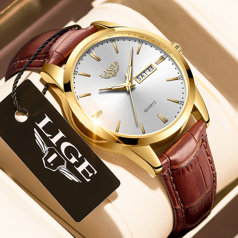 LIGE Classic Quartz Watch Three Pin Double Calendar Ultra Thin Dial Business Men's Watch Waterproof Watch