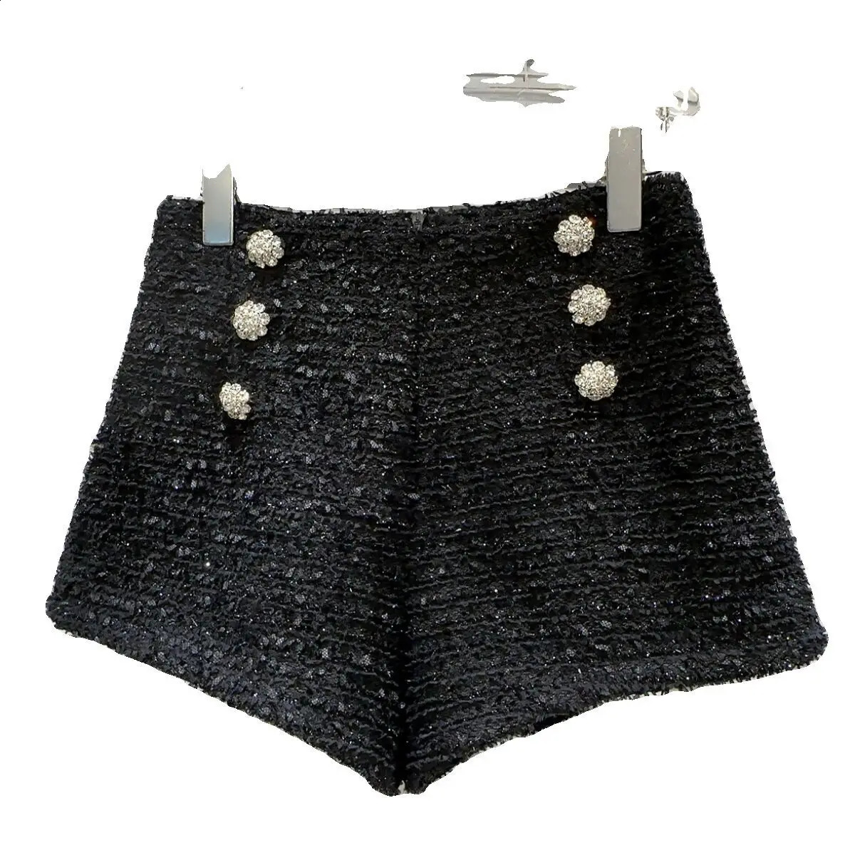 PREPOMP Winter Arrival Double Breasted Rhinestone Buttons Bright Silk Tweed Shorts Women GM298 250122