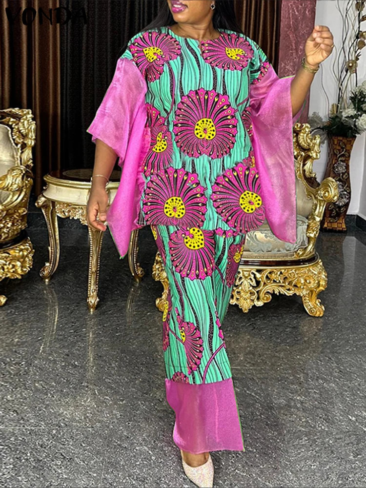 Plus Size 5XL VONDA Women Sets Bohemian Printed Patchwork Tops Long Skirts Suits 2PCS Clothing Matching Oversized 2024 250122