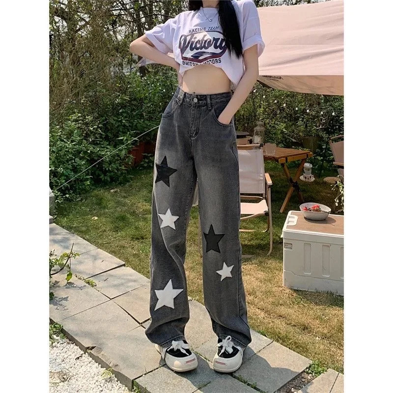 Harajuku Casual Star Graphic Patch High Waisted Jeans Straight Retro Loose Jean Wide Leg Mopping Black Pants Street 250115m