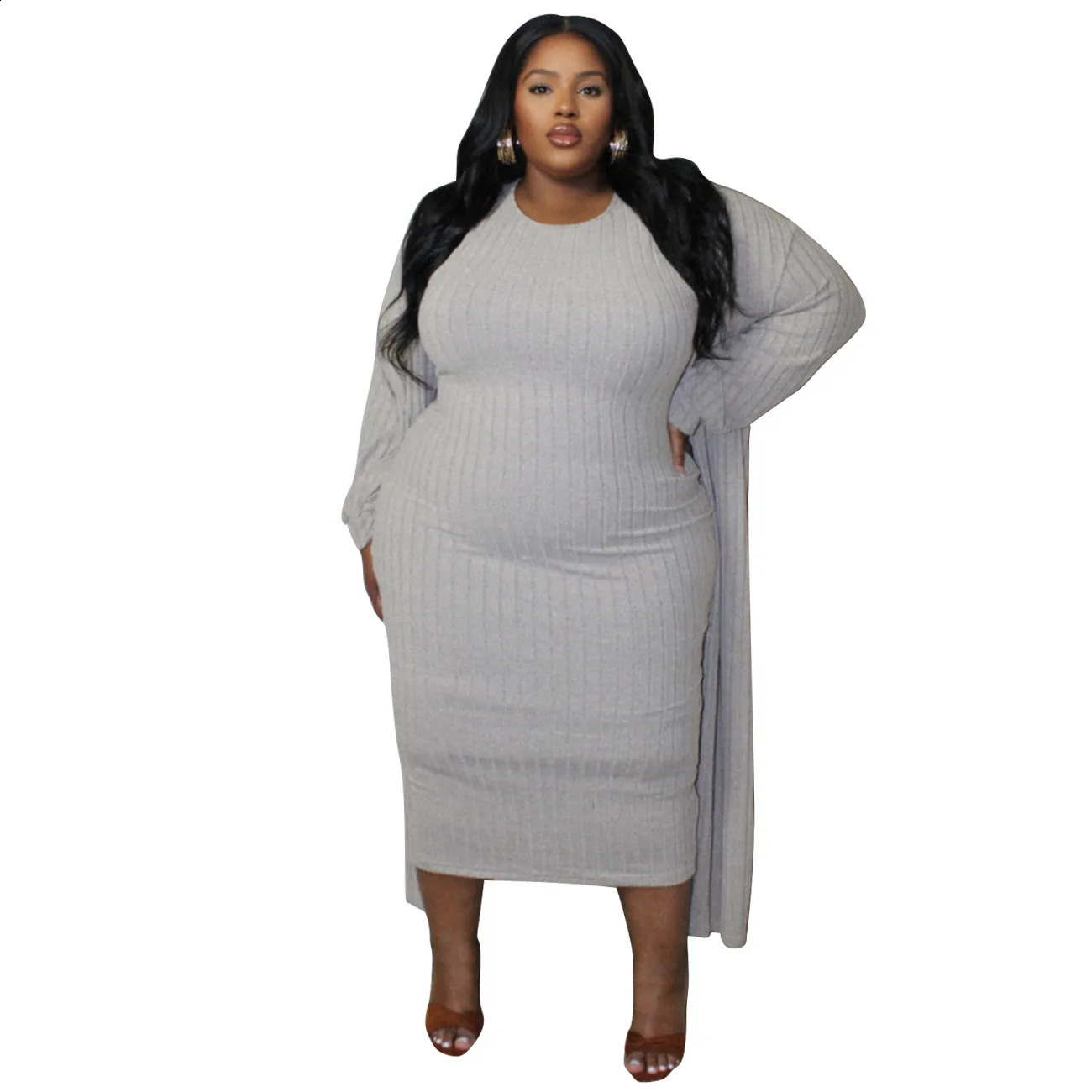 Plus Size Casual Solid Two Pieces Set Spring Winter Ribbed Long Sleeve Cardigan Sleeveless Dress 2 Oversized Suits 250122