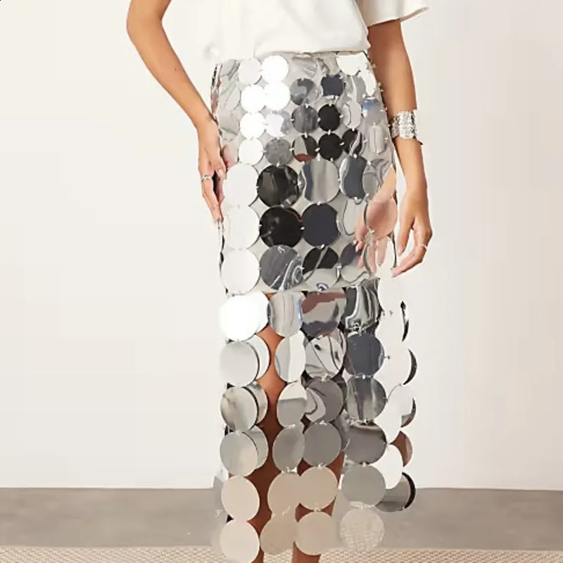 DEAT Fashion Hollow Out Sequins High Waist Solid Color Skirts For Women Trendy Circular Disc Skirt 2025 Spring 33A2406 250110