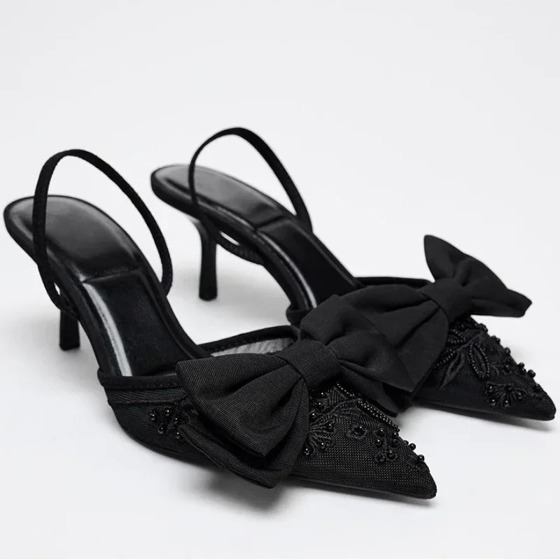 Brand Designer Thin High Heels Women Bow String Bead Pointed Slingback Mules Pumps Mesh Embroider Elegant Dress Sandals Female 250117BJ