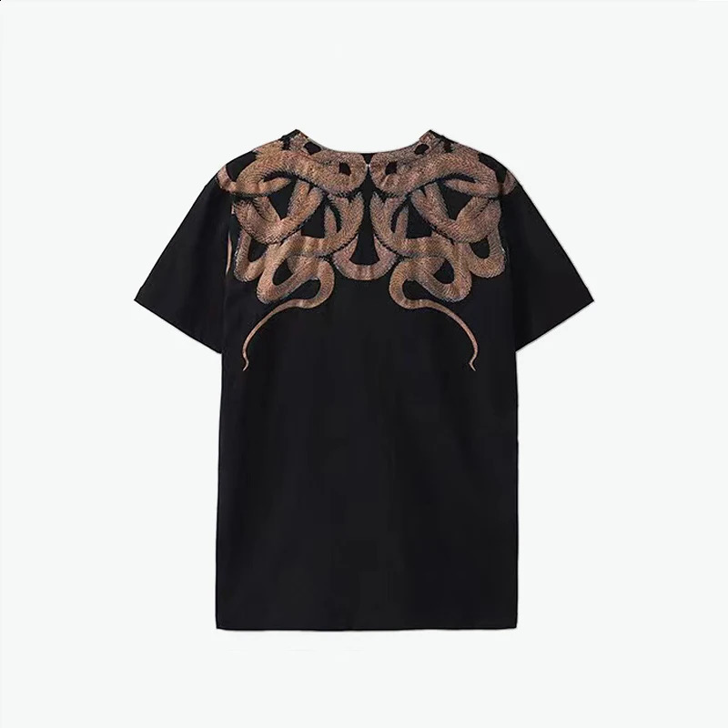 American High Street Trendy Short Sleeve T-shirt With Snake Black Print O-Neck Loose Shirt For Men Women Same Style Top 250122