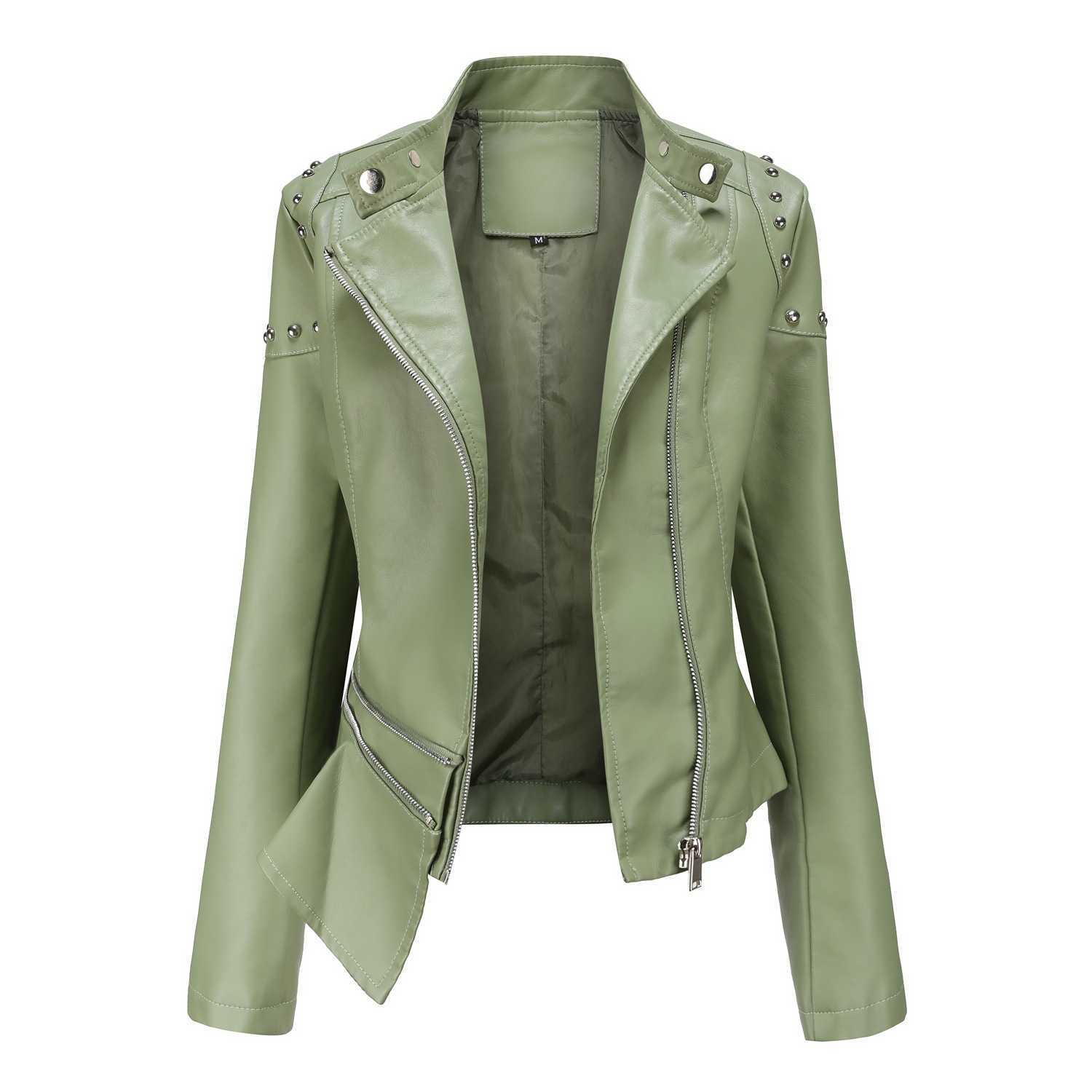 New Rivet Fashion Standing Collar Leather Coat Womens Solid Color Jacket Womens Spring and Autumn Coat Womens Rivet Leather Coat Womens Leather Womens