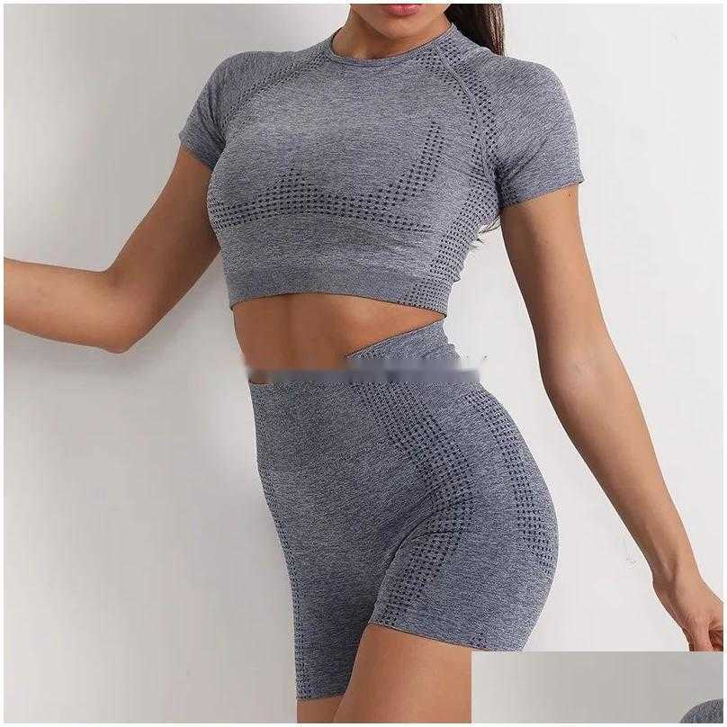 2025--Outfit Sets 2 Piece Set Tshirt Shorts Womens Seamless Women Leggings Belly Control High Waist Sweatpants Fashion Ladies Running