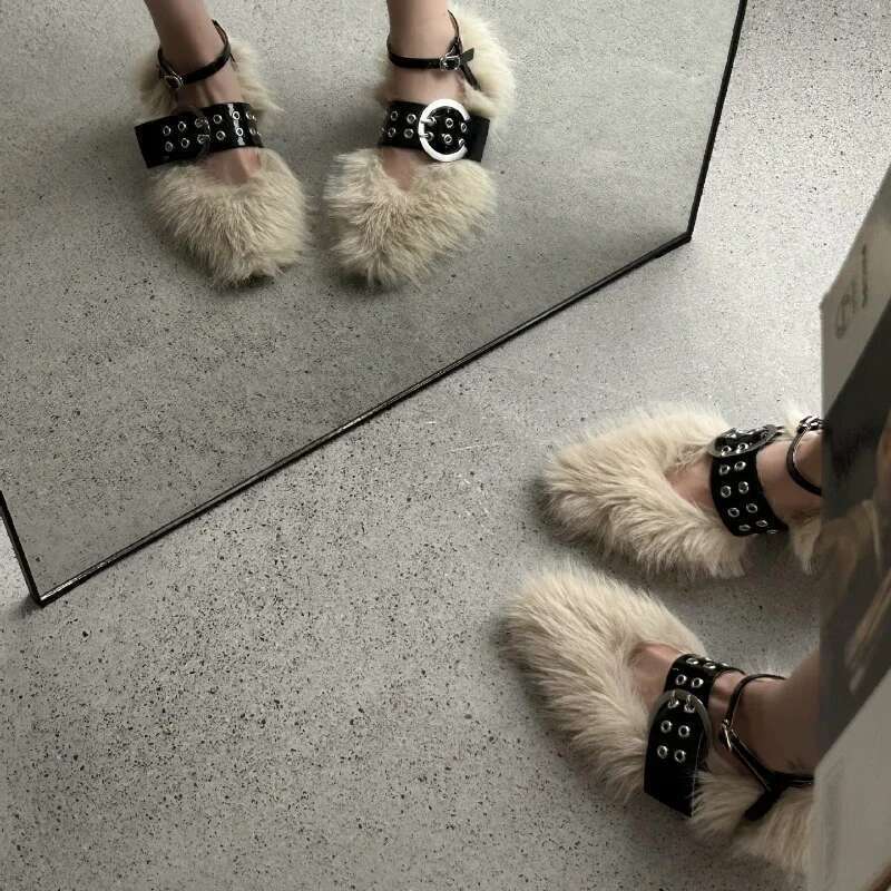 Designer Faux Fur Pumps Women Pointed Toe Sexy Street Style Dress Shoes Ladies Rivet Belt Buckle Brand Fluffy High Heels