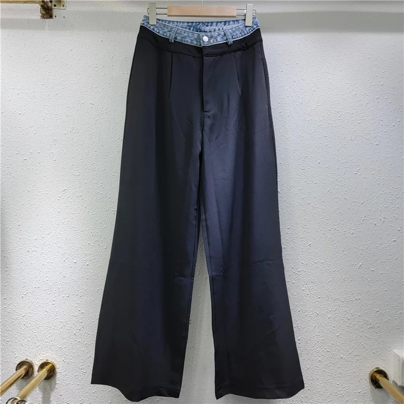 DEAT Womens 2 Pcs Set Single Breasted Patchwork Denim Blazer High Waist Straight Suit Pants 2025 Spring Fashion 29L9383 250114Z