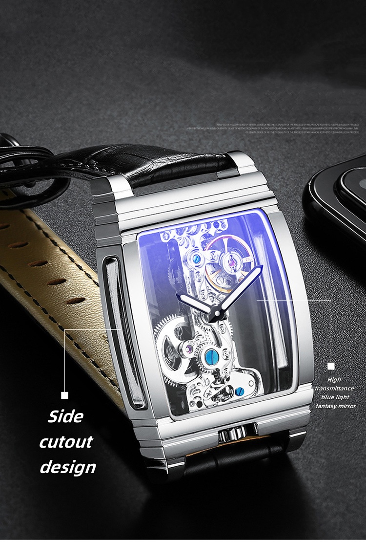 Desda's new barrel-shaped net celebrity square transparent full hollow flywheel mechanical waterproof watch free shipping