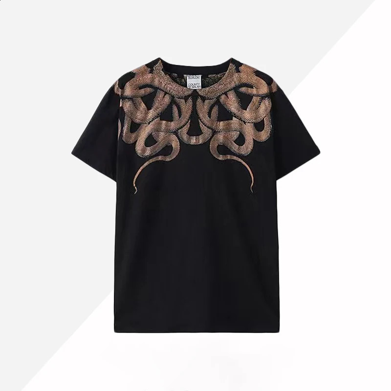 American High Street Trendy Short Sleeve T-shirt With Snake Black Print O-Neck Loose Shirt For Men Women Same Style Top 250122