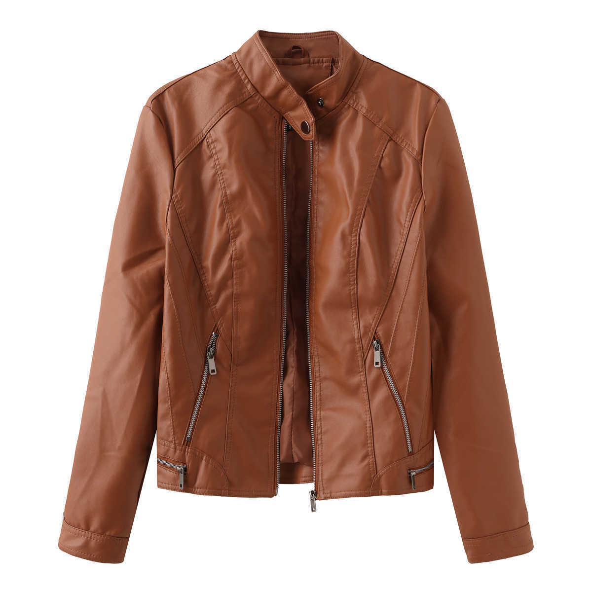Casual Leather Jacket Spring and Autumn Womens Leather Coat Long Sleeve Zipper Stand Neck Coat Womens Leather Womens Jacket 241209
