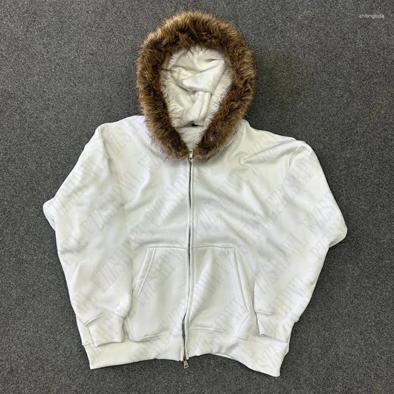 Men's Hoodies Zip Up Hoodie Solid Color Plush Coat Men Clothes Fur Collar Hip Hop Streetwear Harajuku American Style Hooded Sweatshirt