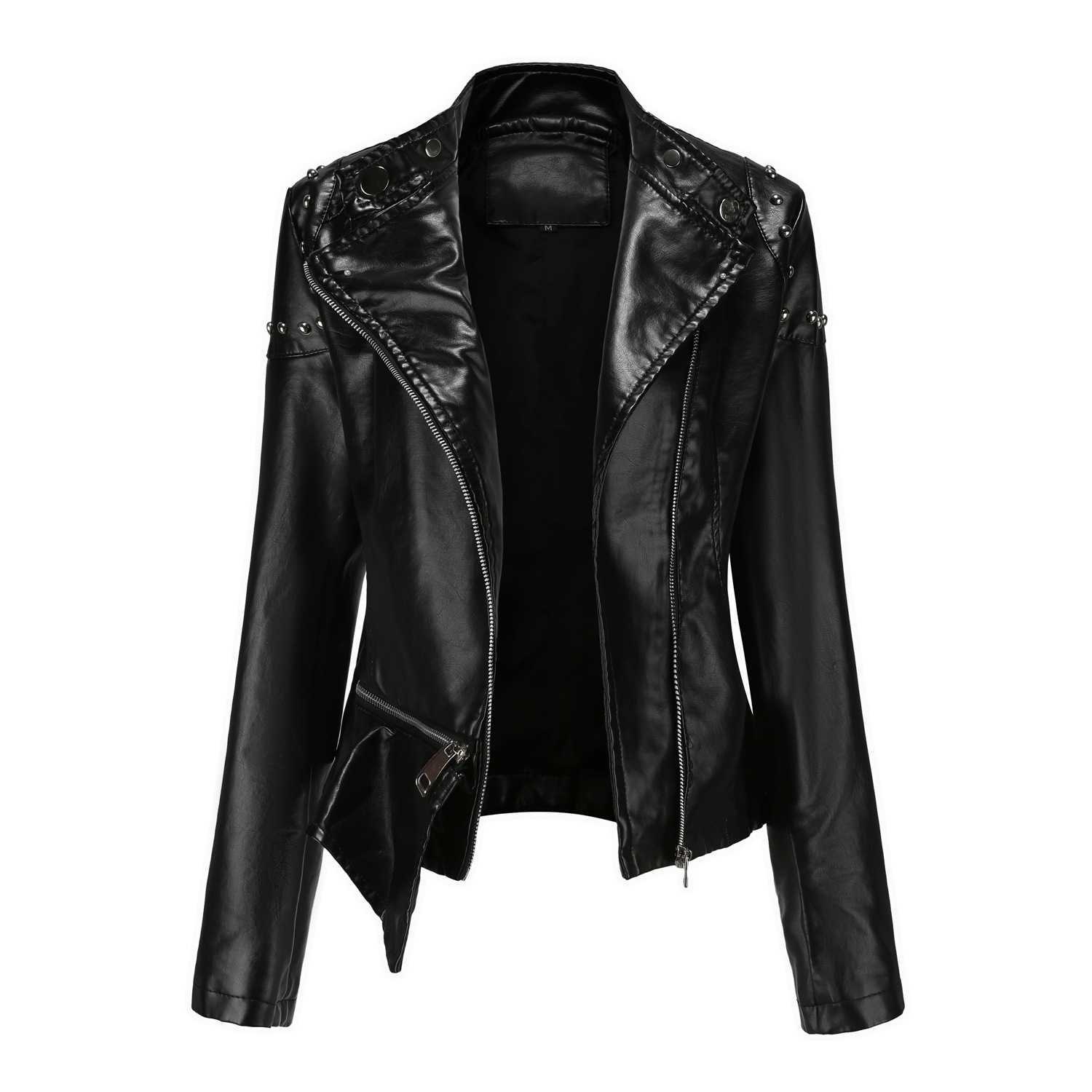 New Rivet Fashion Standing Collar Leather Coat Womens Solid Color Jacket Womens Spring and Autumn Coat Womens Rivet Leather Coat Womens Leather Womens
