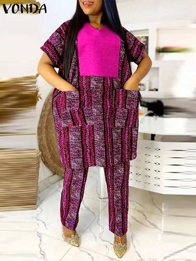VONDA Plus 5XL Womens Elegant Pants Set 2024 Printed Patch Work Clothes Mens Retro Top and Wide Leg Matching 250122