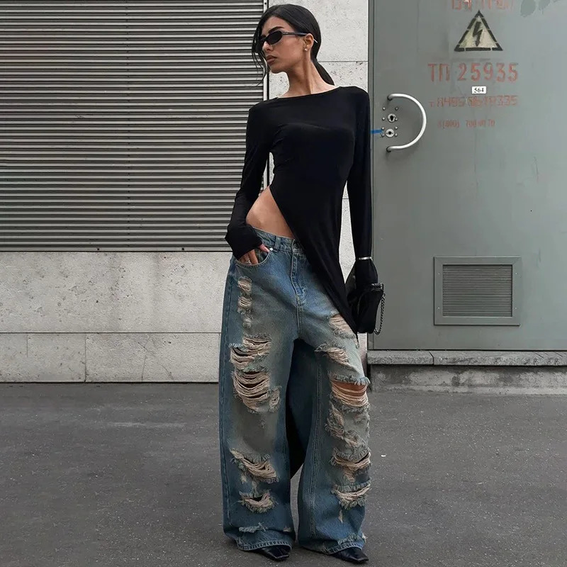 Cryptographic Asymmetrical Long Sleeve Black Dress Fashion Outfits Round Neck Chic Top Club Party High Rise Split Dresses Fall 250110Z