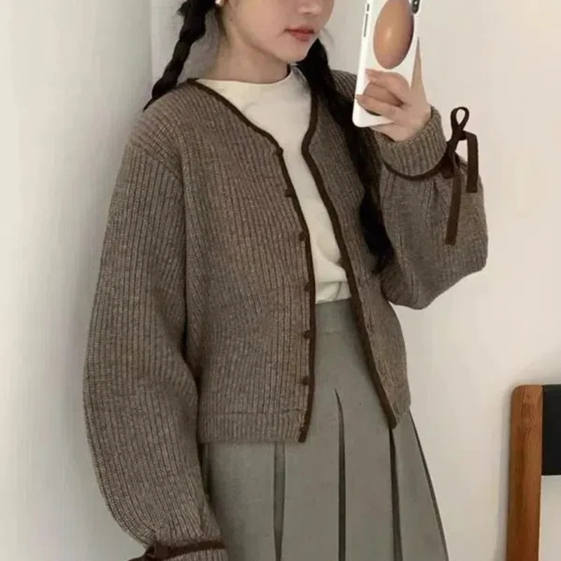 Vintage Sweet AutumnWinter Sweaters Coat Womens ONeck Bow Button Korean Fashion Casual Long Sleeve Cardigan Knitted Tops 250109Z
