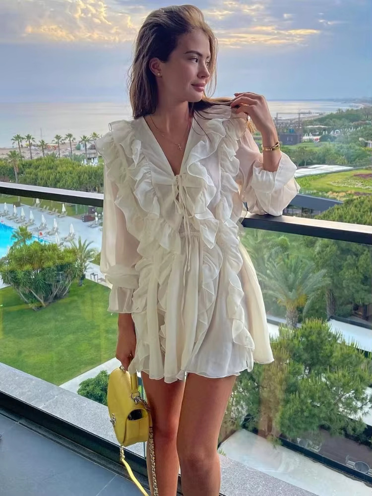 TARUXY Sheer Lace Mesh Women Fashion Deep V Neck Bandage Ruffle Oversized Shirt Dress Femme Elegant Sexy Cover-Up Woman