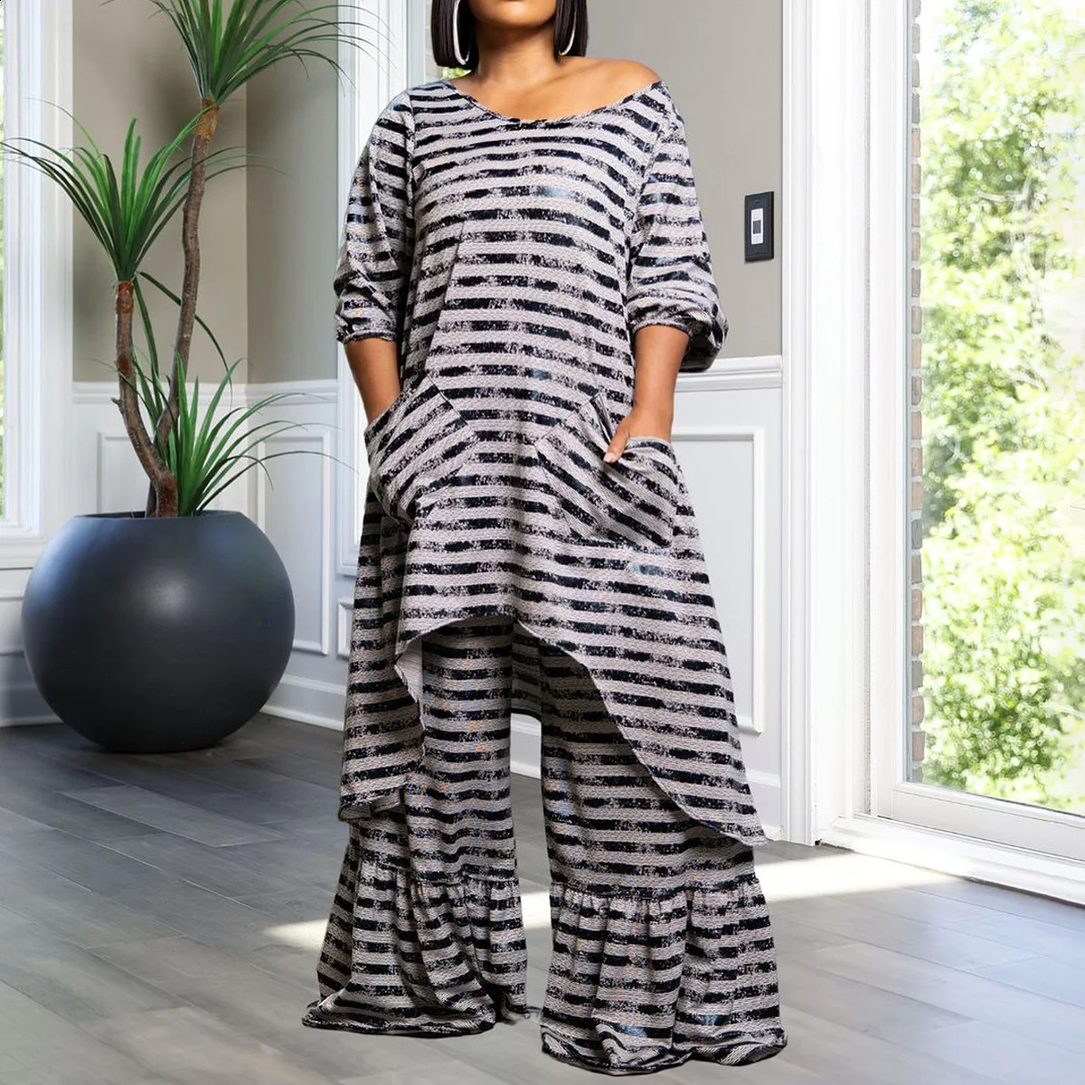 Plus Size Striped Two Piece Pant Set Irregular Long Shirt Casual n Loose Outfit 2024 Autumn Women Large Matching Sets 250122