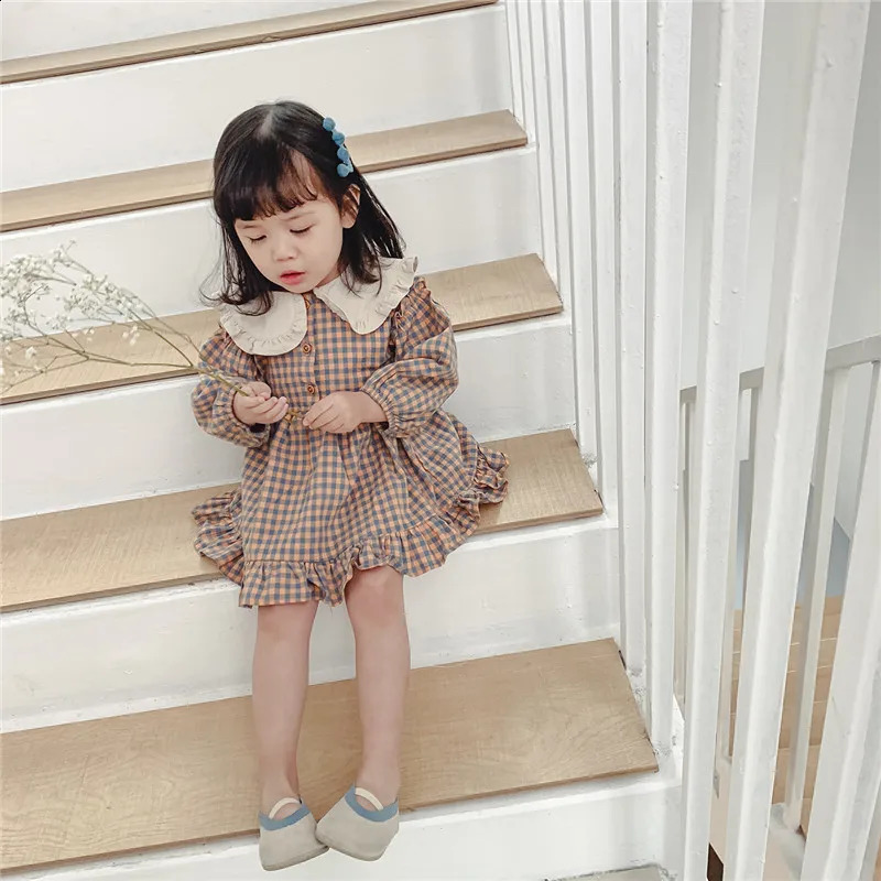 Spring Summer Girls Clothing Cute Children Dresses Kids Baby Girl Plaid Cotton Linen Lapel Collar Dress Long Sleeve Skirt 250120