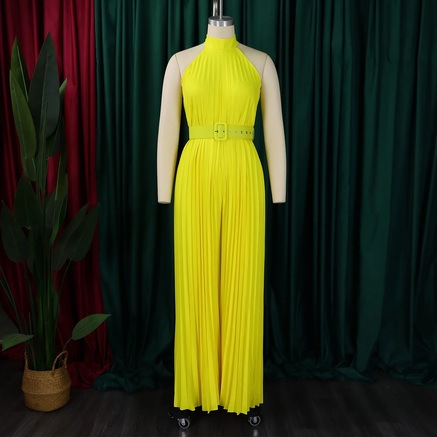 Elegant Pleated Jumpsuits for Women O Neck Sleeveless Belt Waisted Floor Length Birthday Party Outfits Overalls Clothes 250109