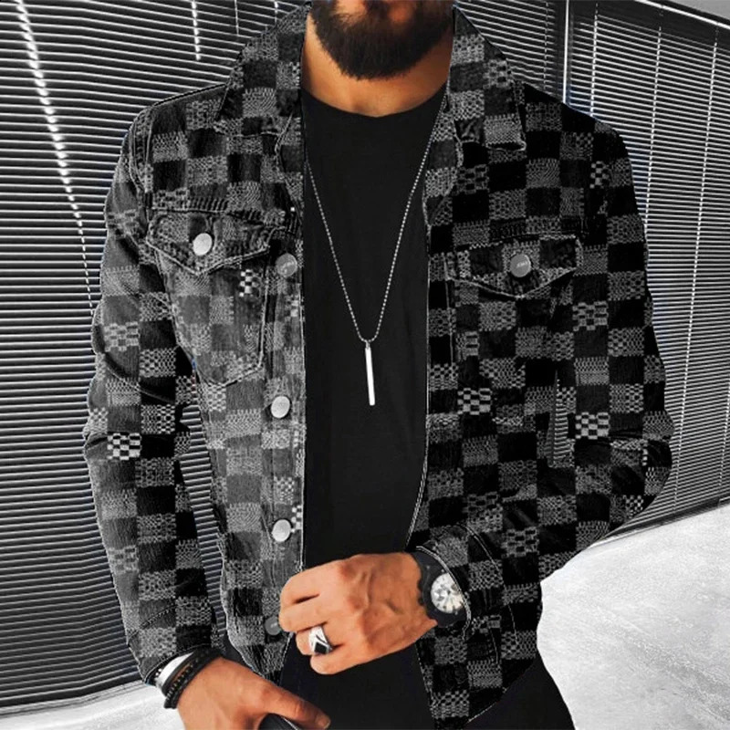 Hip Hop Mens Denim Jacket Streetwear Fashion Plaid Jean Coats For Men Autumn Winter Casual Long Sleeve Slim Outerwear Mens Coat 250121