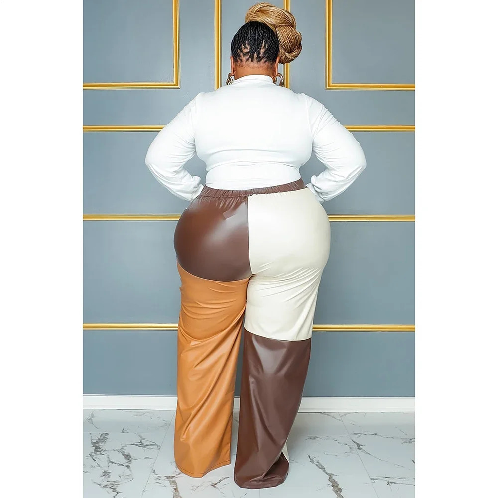 Plus Size Womens Pant Suit Brown Tunic Patchwork PU Leather Fashion Commuting Two Piece 250122