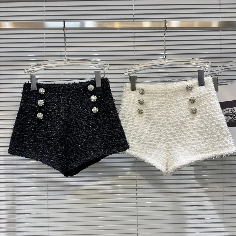 PREPOMP Winter Arrival Double Breasted Rhinestone Buttons Bright Silk Tweed Shorts Women GM298 250122