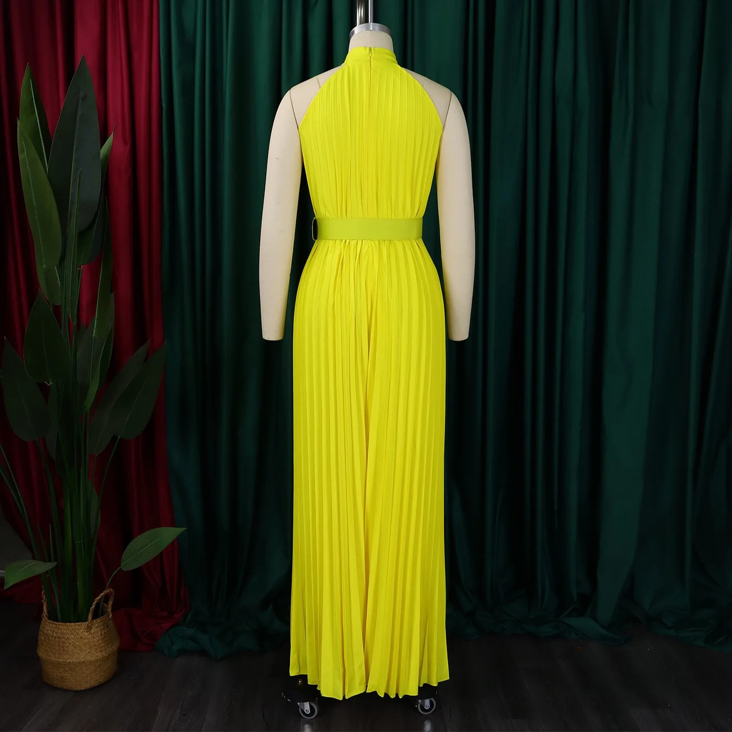 Elegant Pleated Jumpsuits for Women O Neck Sleeveless Belt Waisted Floor Length Birthday Party Outfits Overalls Clothes 250109