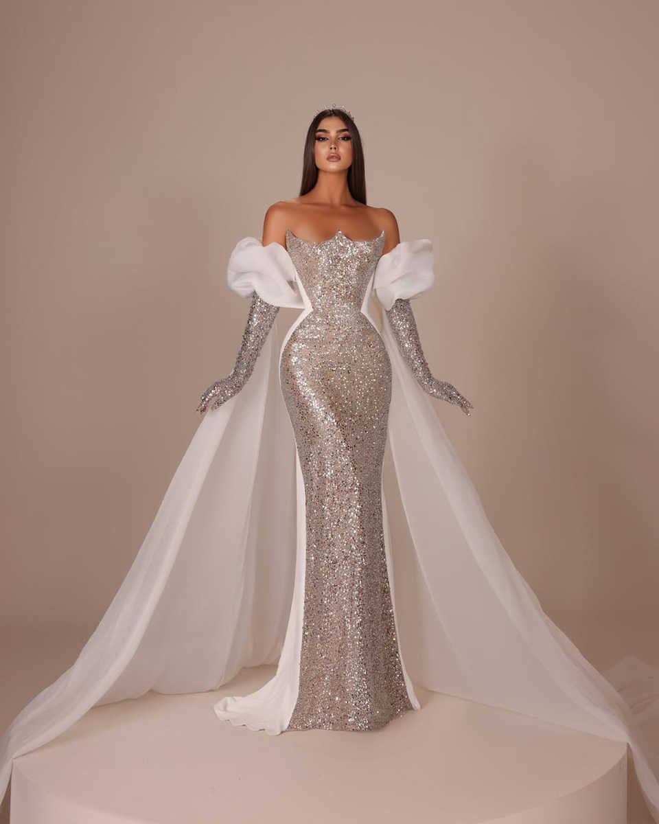 Fashion Mermaid Wedding Dresses For Women Removable Sleeves Gown Sequins Sweep Train Customized Dress