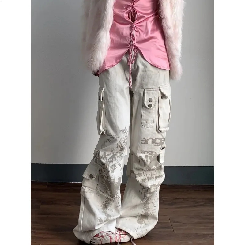 American style distressed dirty washed pleated high waisted jeans for women spring street straight slimming cargo pants