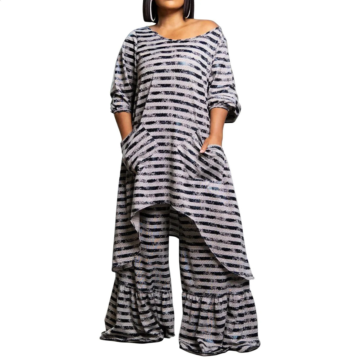 Plus Size Striped Two Piece Pant Set Irregular Long Shirt Casual n Loose Outfit 2024 Autumn Women Large Matching Sets 250122