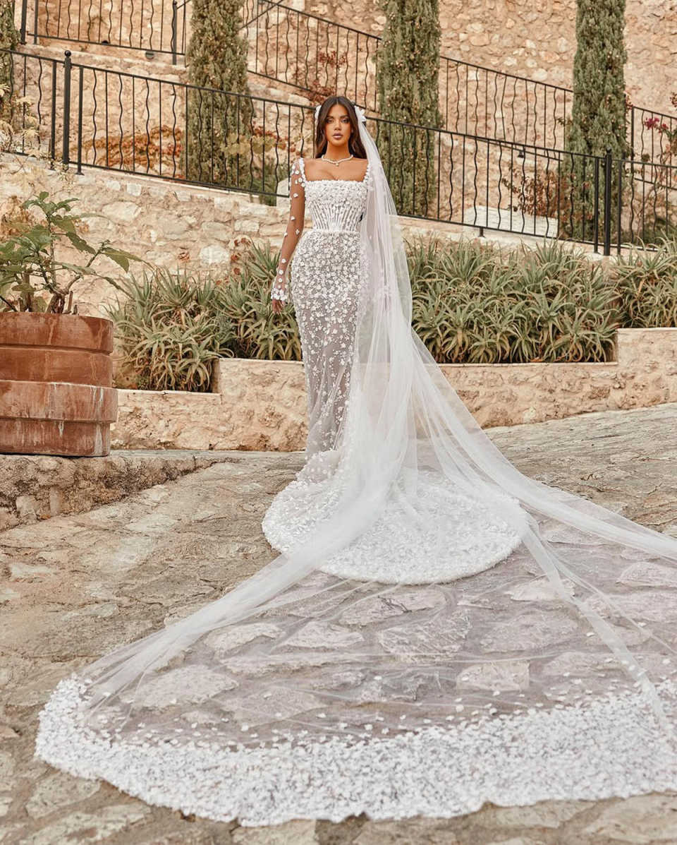 Mermaid Wedding Dress with Square Collar, Long Sleeves, 3D Appliques & Detachable Train - Customizable, See Through