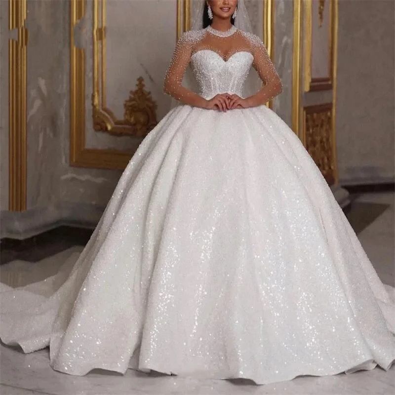 Sparkly Sequined Ball Gown Wedding Dresses Beaded Long Sleeves Jewel Neck Princess Bridal Gowns Court Train Luxurious Arabic African Bride Dress 2025 