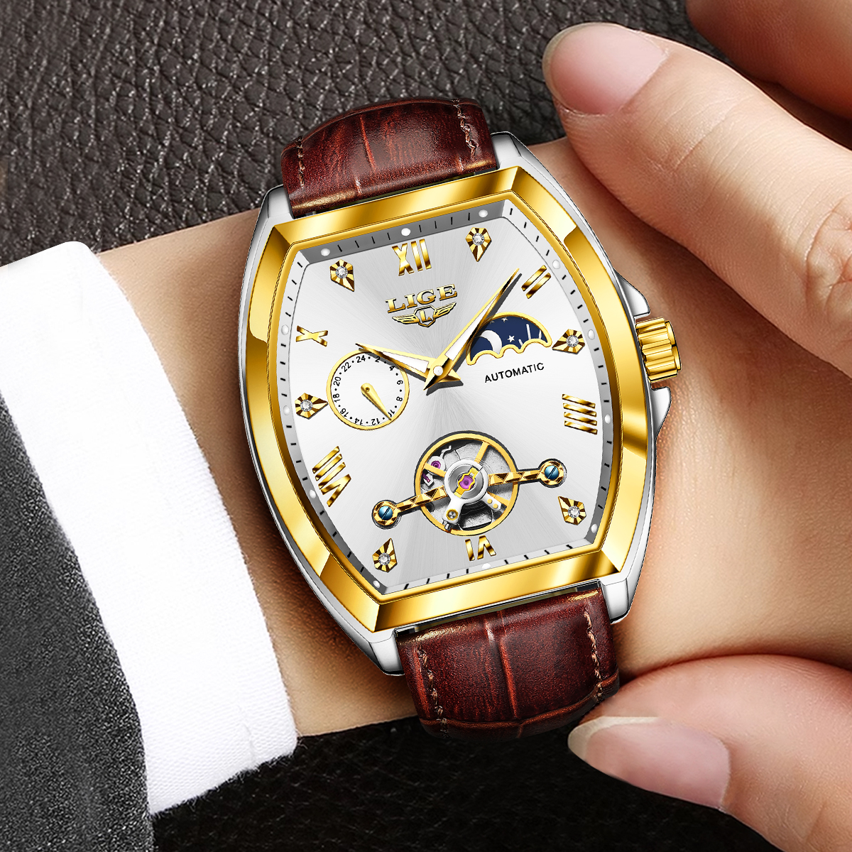 LIGE Men's Tourbillon Mechanical Watch Multi functional Waterproof Night Light Watch Fashion Business Watch