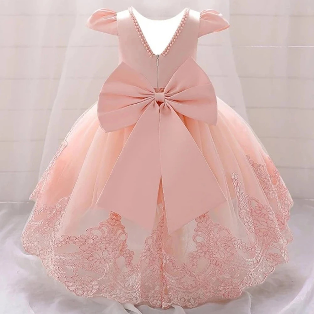 Toddler Flower Girls Dress Bow Tulle 1st Birthday Party Baptism White Baby Dresses Princess Wedding Bridemaid Prom Costume 250117