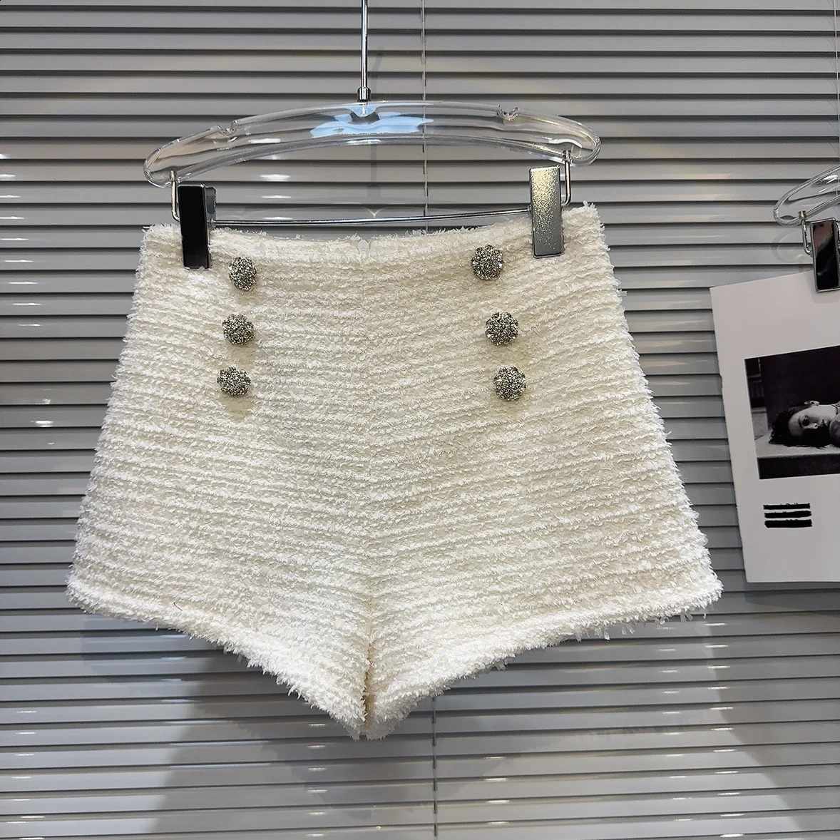 PREPOMP Winter Arrival Double Breasted Rhinestone Buttons Bright Silk Tweed Shorts Women GM298 250122