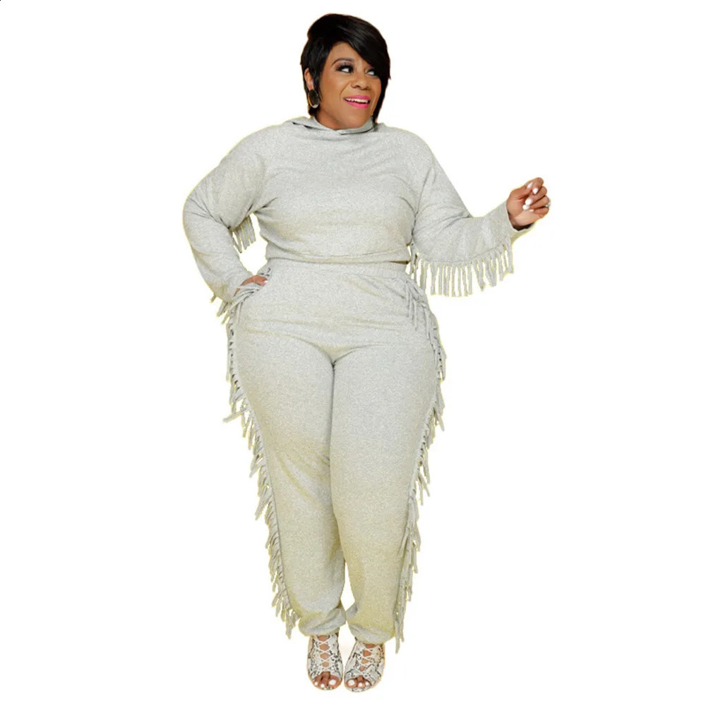 Plus Size Sets for Women 5xl Fall Urban Leisure Cool Clear Color Street Wear Loose Tassel Fashion Hooded Wholesale Drop 250122