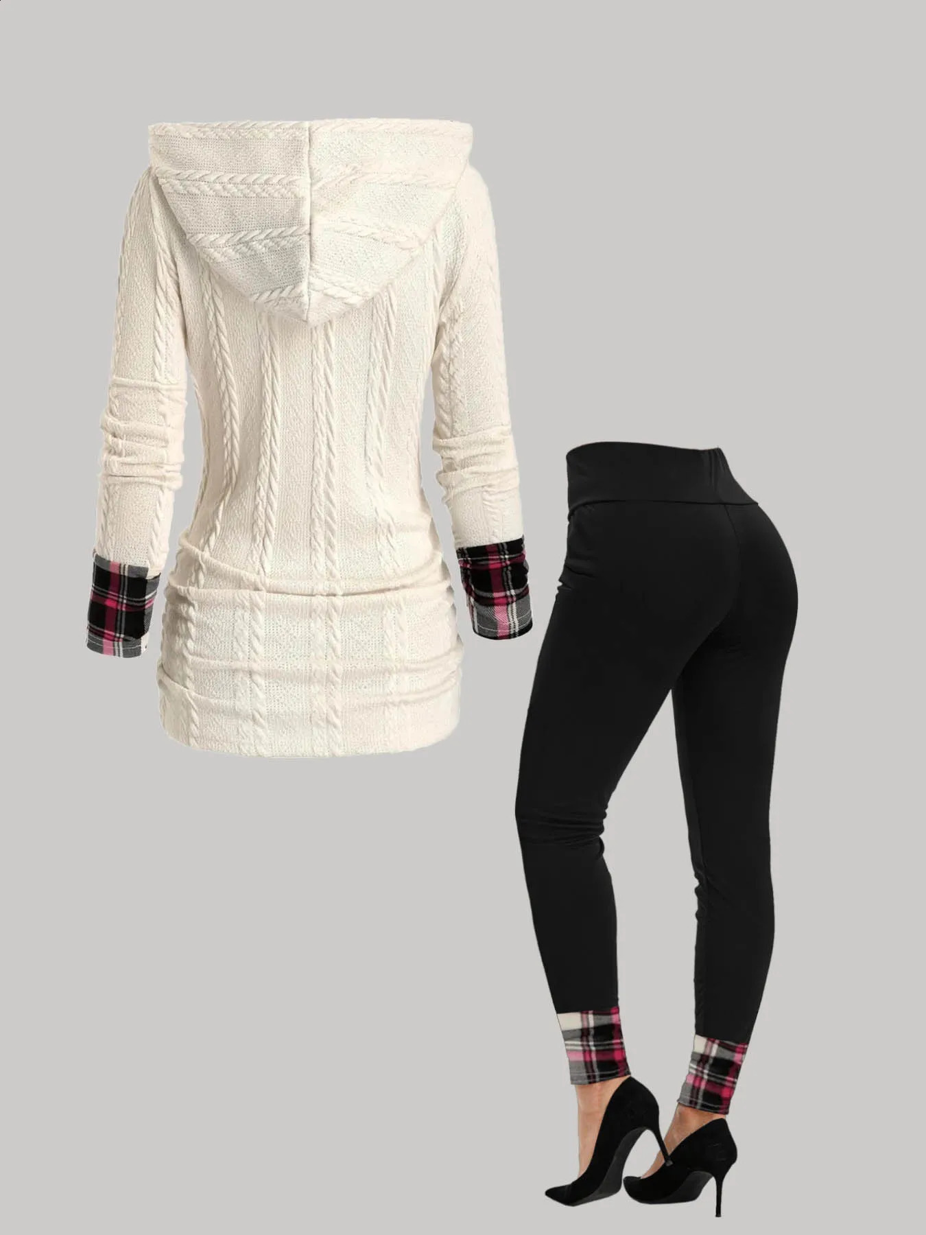 Plus Size Womens Suit Hooded Sweatshirts Colorblock Plaid Print Hoodie Drawstring Textured Tops Long Pants Twopiece Set 250122