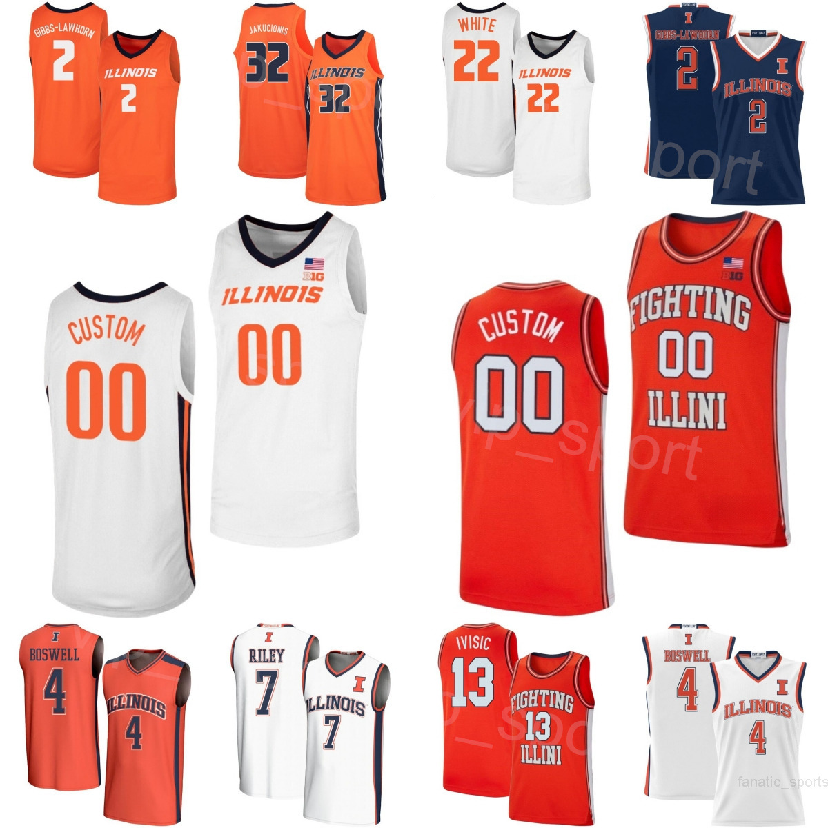 Printed Basketball College 32 Kasparas Jakucionis Jersey Illinois Fighting Illini Men Women Kids 13 Tomislav Ivisic 7 Will Riley 4 Kylan Boswell 22 Tre White