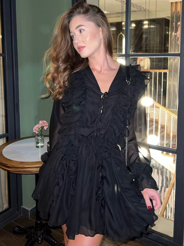 TARUXY Sheer Lace Mesh Women Fashion Deep V Neck Bandage Ruffle Oversized Shirt Dress Femme Elegant Sexy Cover-Up Woman