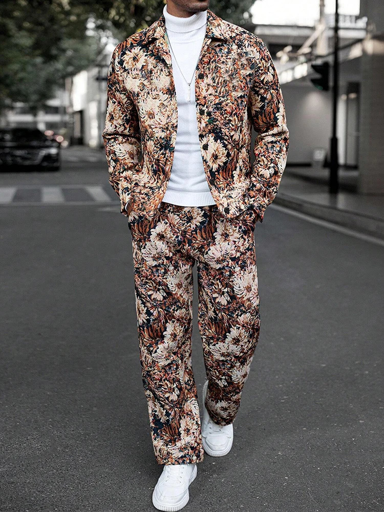 Trendy Mens Loose Two Piece Suits Vintage Pattern Printed Long Sleeve Shirt And Pants Sets Men 2025 Spring Autumn Casual Outfits 250109