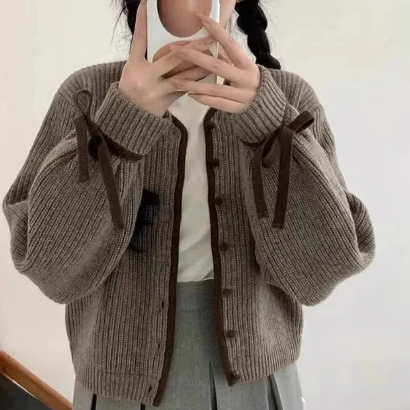 Vintage Sweet AutumnWinter Sweaters Coat Womens ONeck Bow Button Korean Fashion Casual Long Sleeve Cardigan Knitted Tops 250109Z